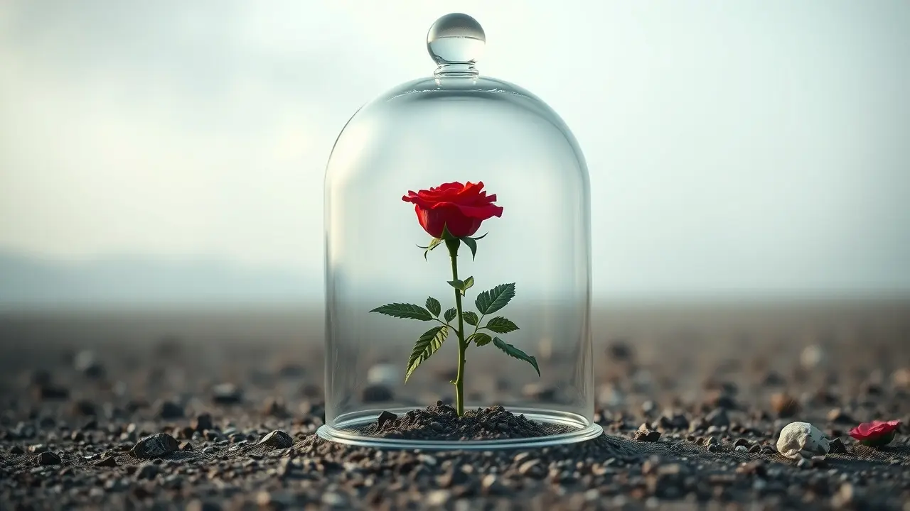 Sonho com redoma e rosa vermelha