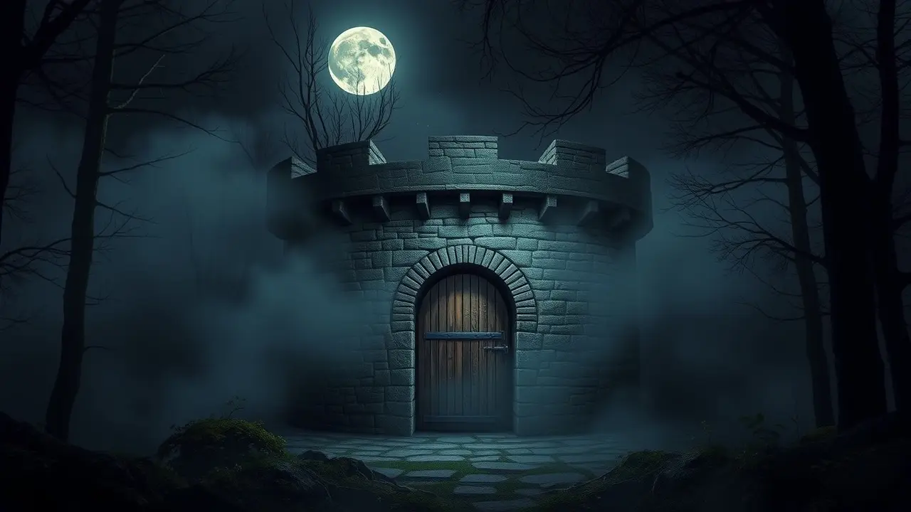 Sonhar com Reduto: Desvende os Significados e Interpretações! Reduto medieval envolto em névoa sob a luz da lua.