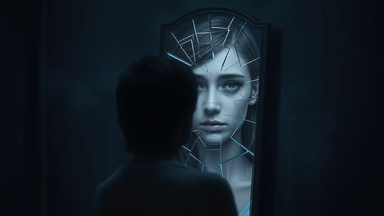 Sonhar com Reflexão: Descubra o Significado Oculto e Suas Interpretações Pessoa olhando para um espelho rachado com reflexo distorcido