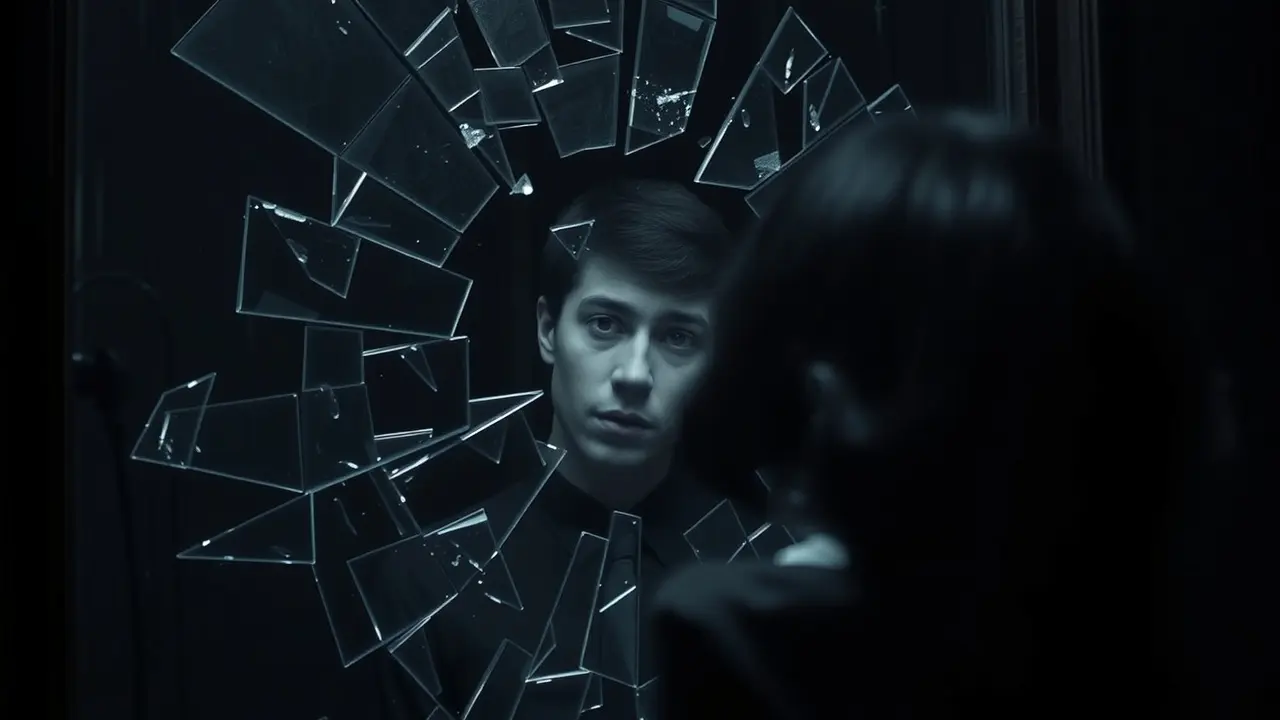 Sonhar com Reflexo: Descubra o Significado Oculto Homem contemplando seu reflexo fragmentado em espelho quebrado.