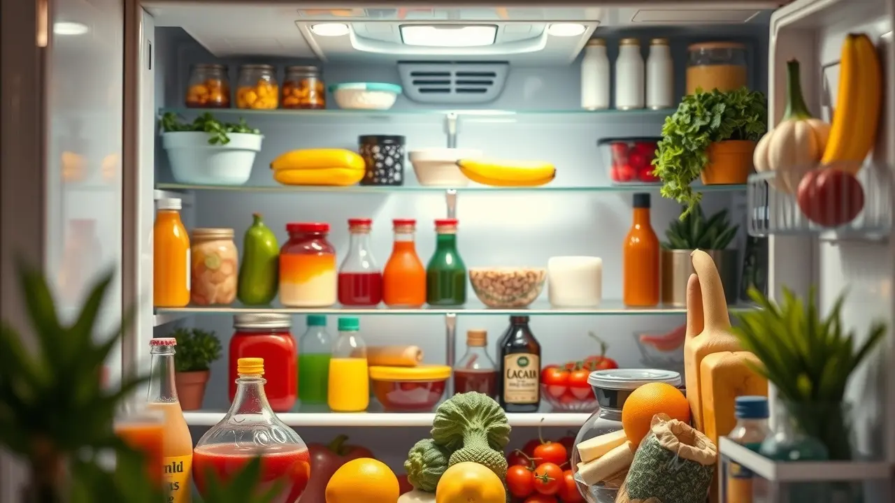 Geladeira cheia de alimentos, representando abundância.