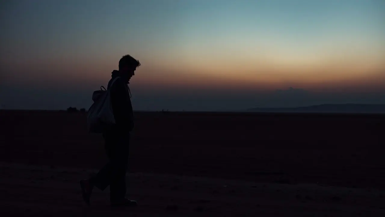 Refugiado solitário sob céu crepuscular.