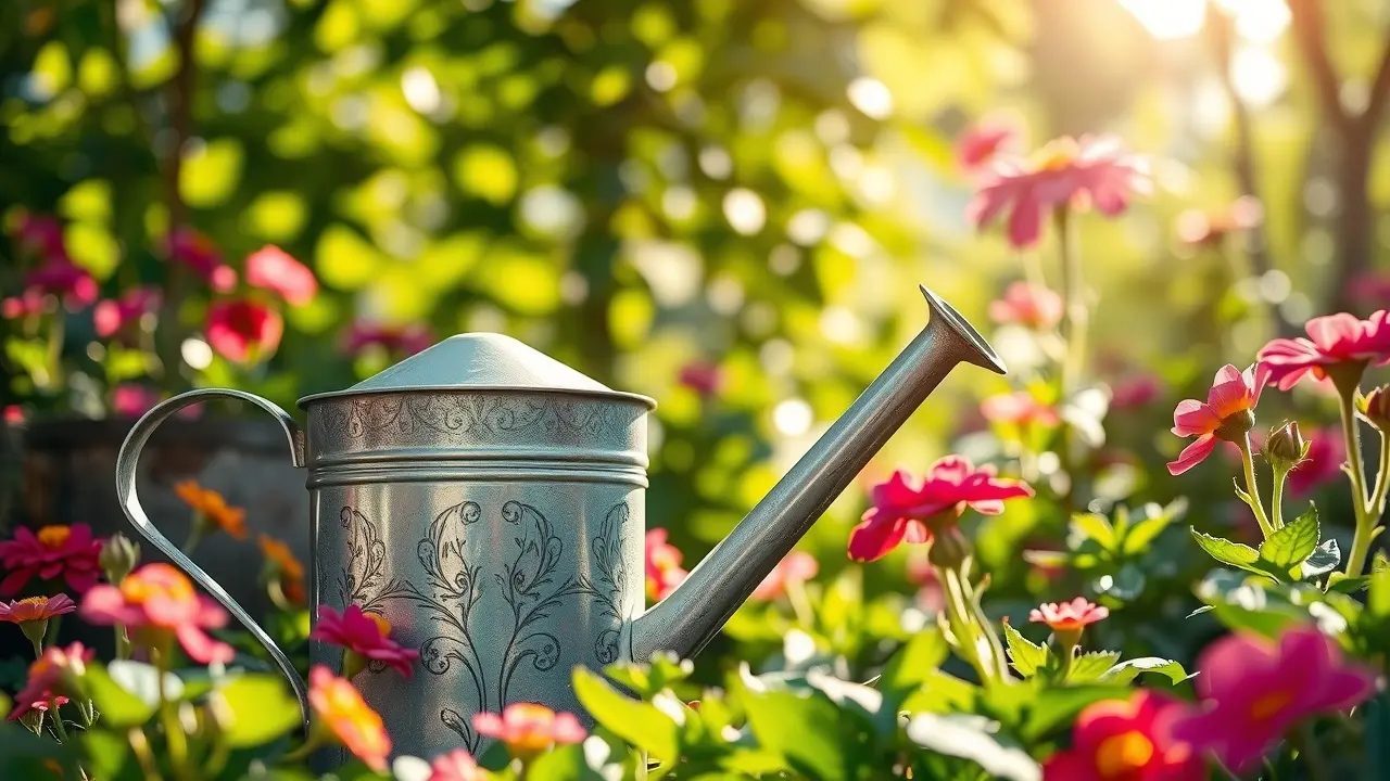 Regador antigo em jardim florido