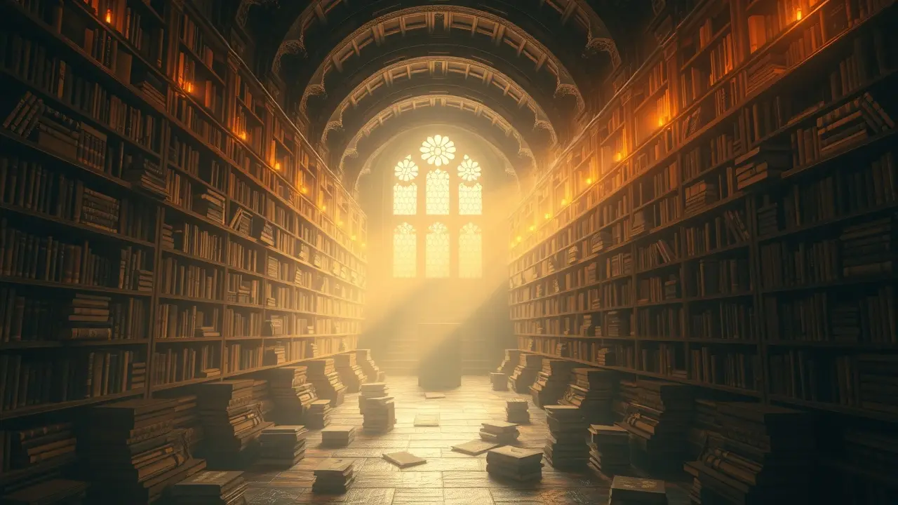 Biblioteca cósmica com livros brilhantes representando o Registro Akáshico
