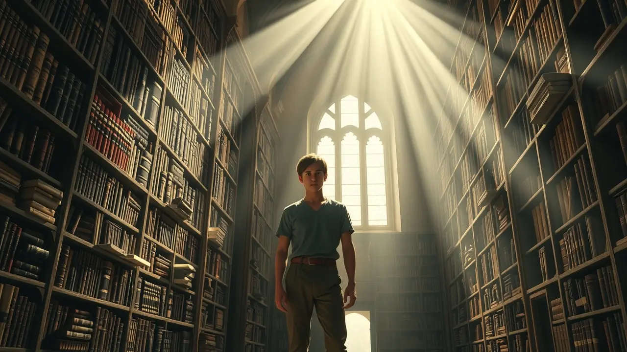 Pessoa em cartório antigo, reflexiva.