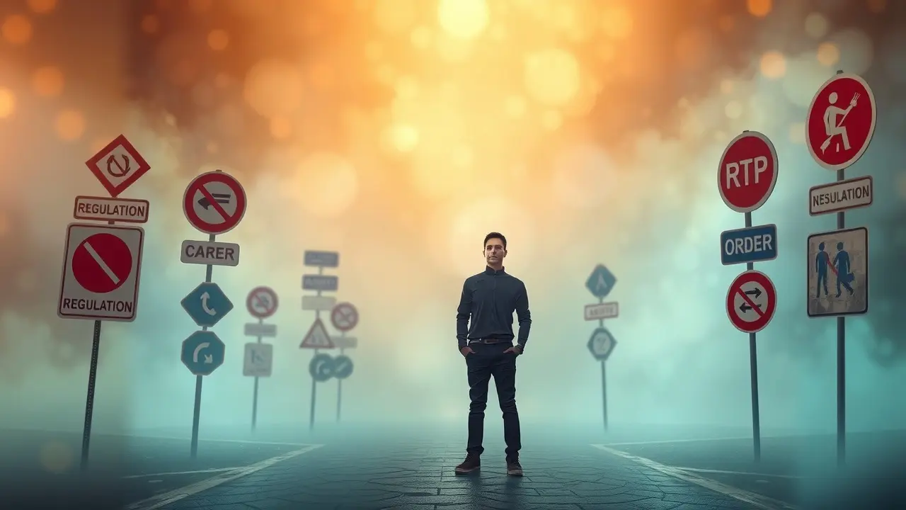 Pessoa em encruzilhada com símbolos de regulamentação.