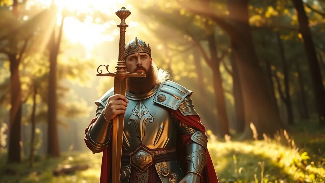 Sonhar com Rei Arthur: Decifre os Significados e Simbolismos Rei Arthur com armadura brilhante segurando a Excalibur numa clareira ensolarada.