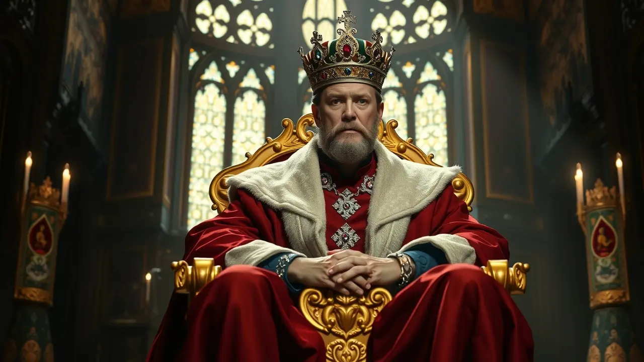 Um rei majestoso sentado em um trono de ouro