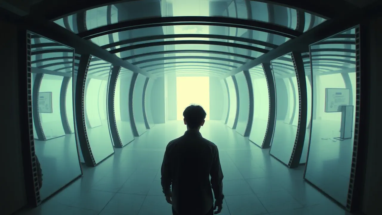 Sonhar com Reincidência: Desvende os Significados Ocultos Homem perdido em labirinto de espelhos, simbolizando reincidência.