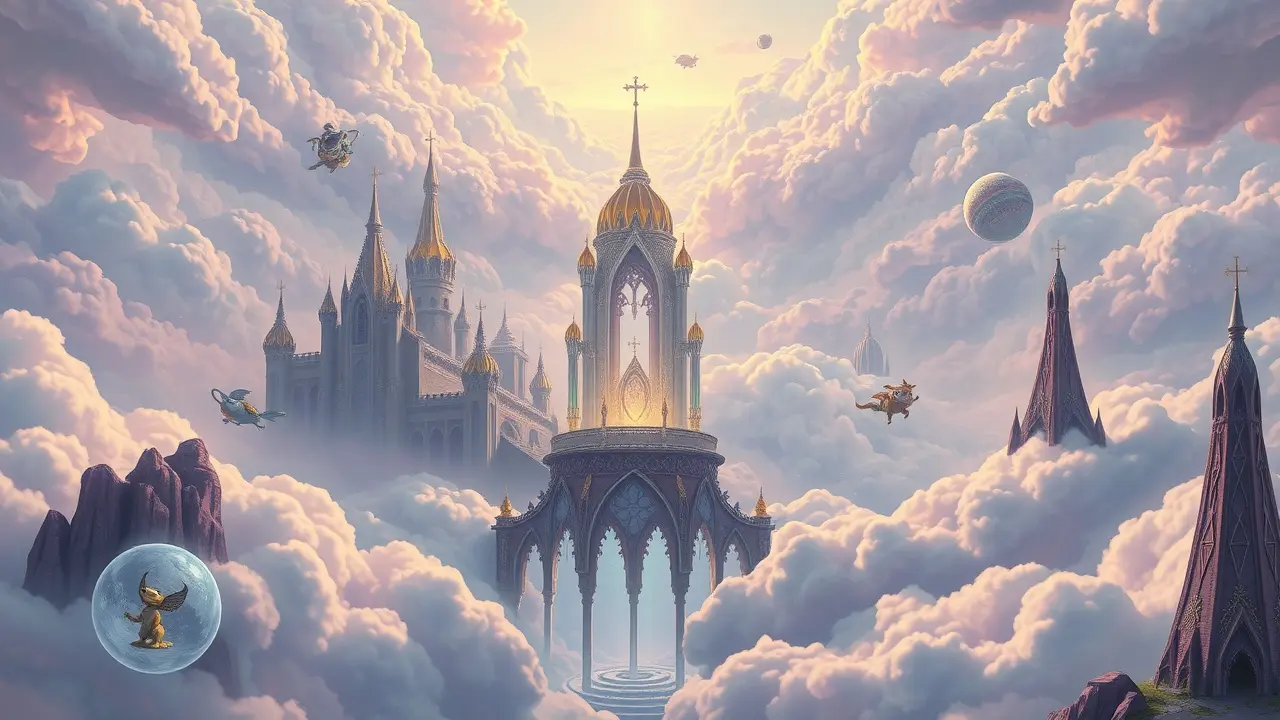 Reino dos sonhos surreal flutuando entre nuvens.