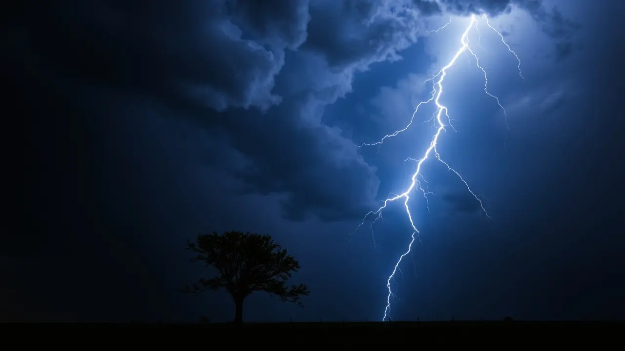 Significado de Sonhar com Relâmpago-Forquilha: Desvende os Sinais! Relâmpago-forquilha atingindo árvore em noite de tempestade