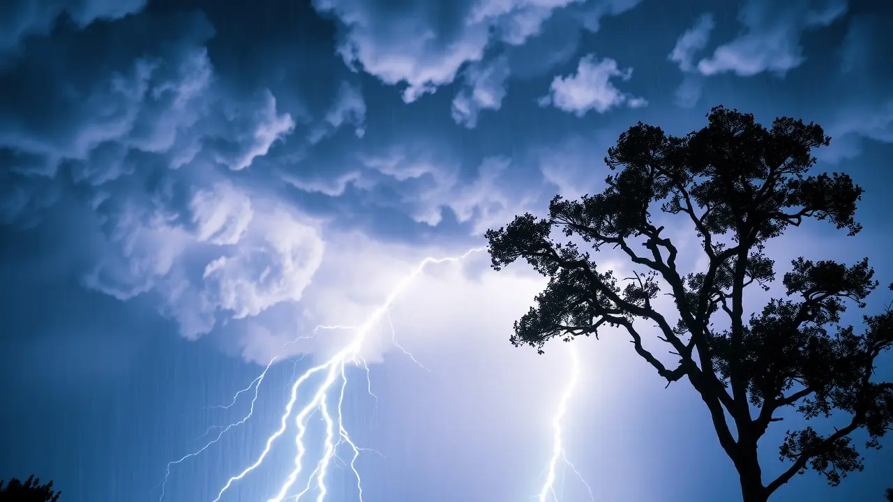 Relâmpago atingindo árvore em tempestade noturna