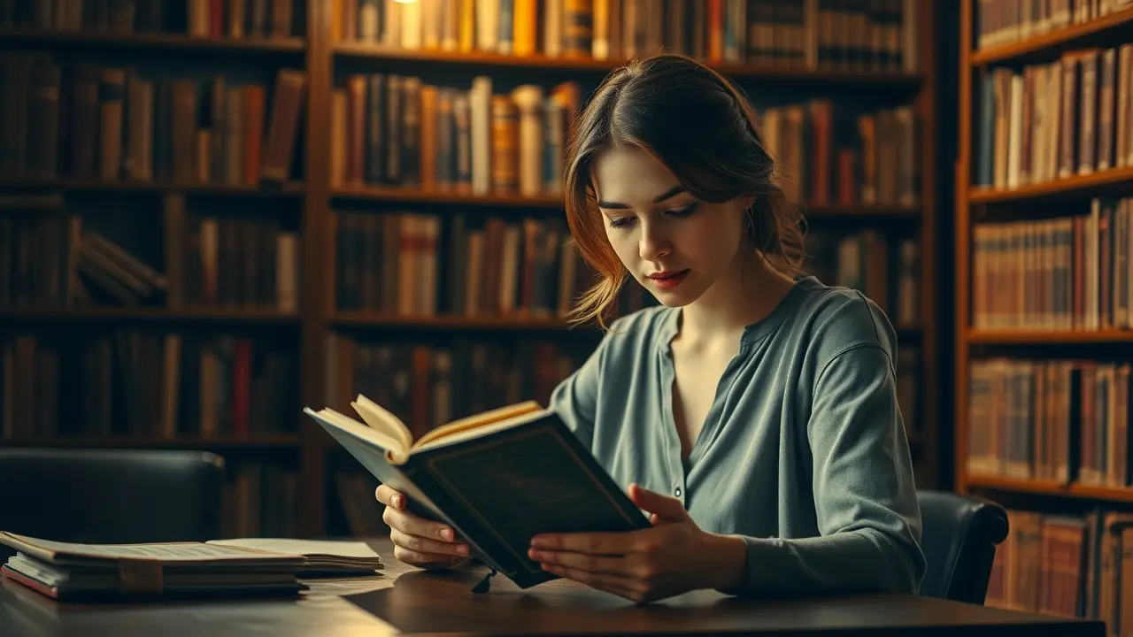 Mulher relendo livro antigo em biblioteca