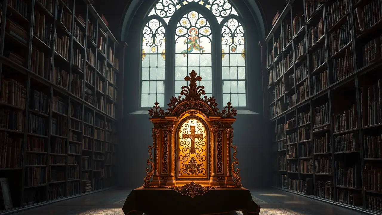 Sonhar com Relíquia: Descubra os Significados e Simbolismos Ocultos Relicário antigo brilhando em biblioteca, representando sonhar com relíquia.