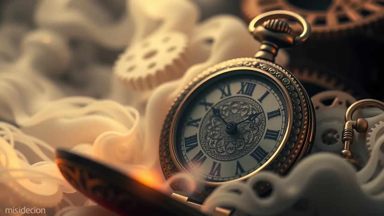 Relógio antigo com névoa e engrenagens.