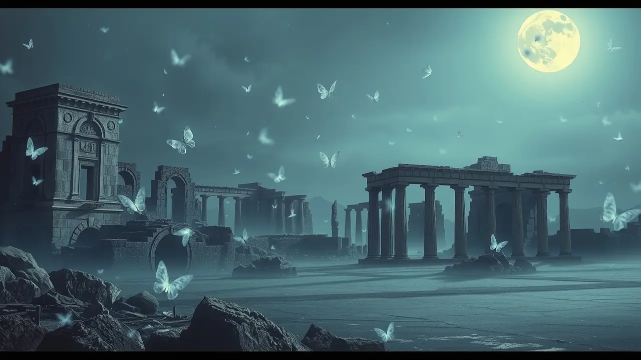 Sonhar com Remanescente: Descubra o Significado e as Interpretações Ruínas antigas sob a luz da lua, simbolizando o passado e a memória.
