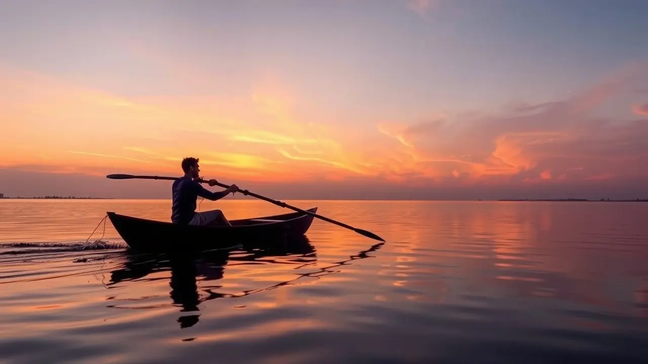 Pessoa remando em lago sereno ao nascer do sol
