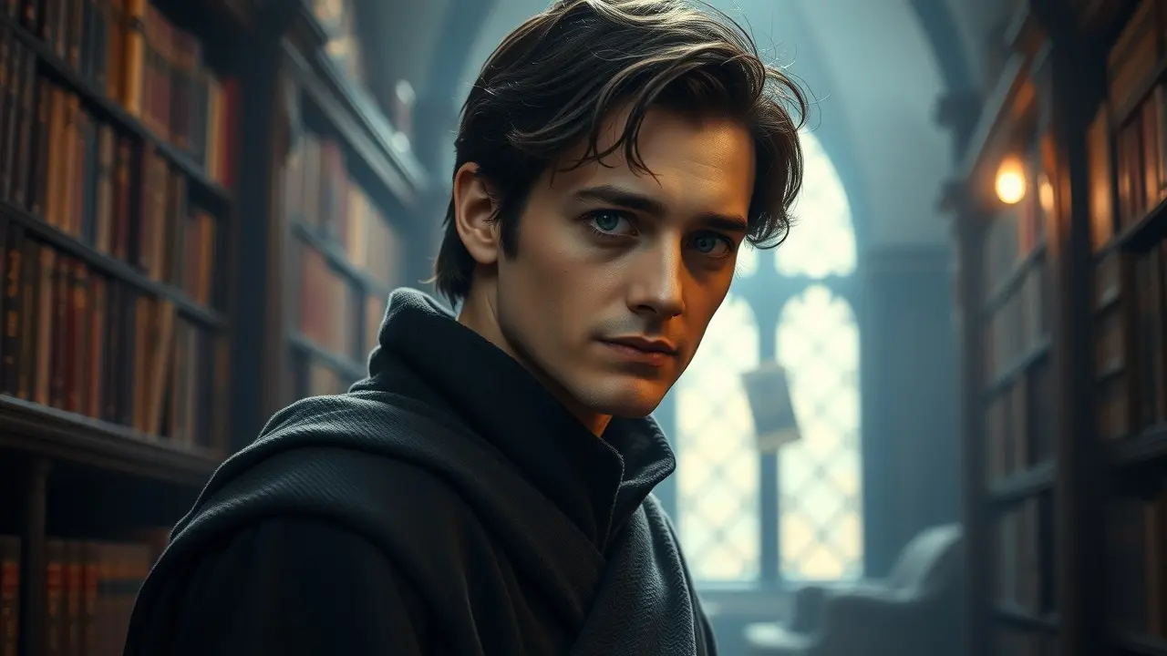 Sonhar com Remus Lupin: Descubra o Significado Oculto Remus Lupin em biblioteca, olhar pensativo