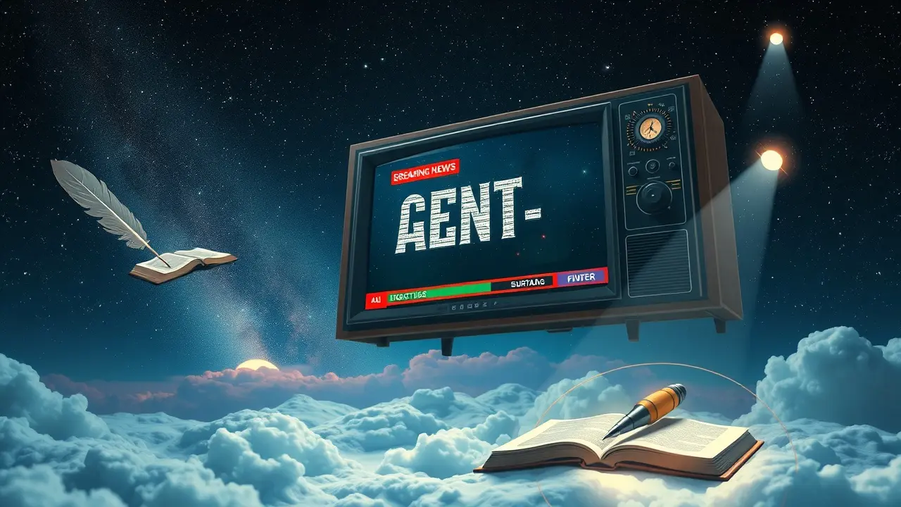 O Significado Profundo de Sonhar com Reportagem: Descubra! Televisão antiga transmitindo reportagem surreal no céu noturno.