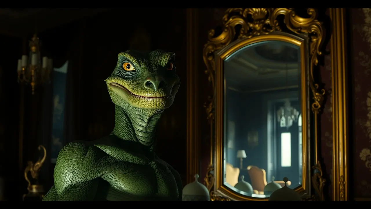 Homem reptiliano sombrio em sonho.