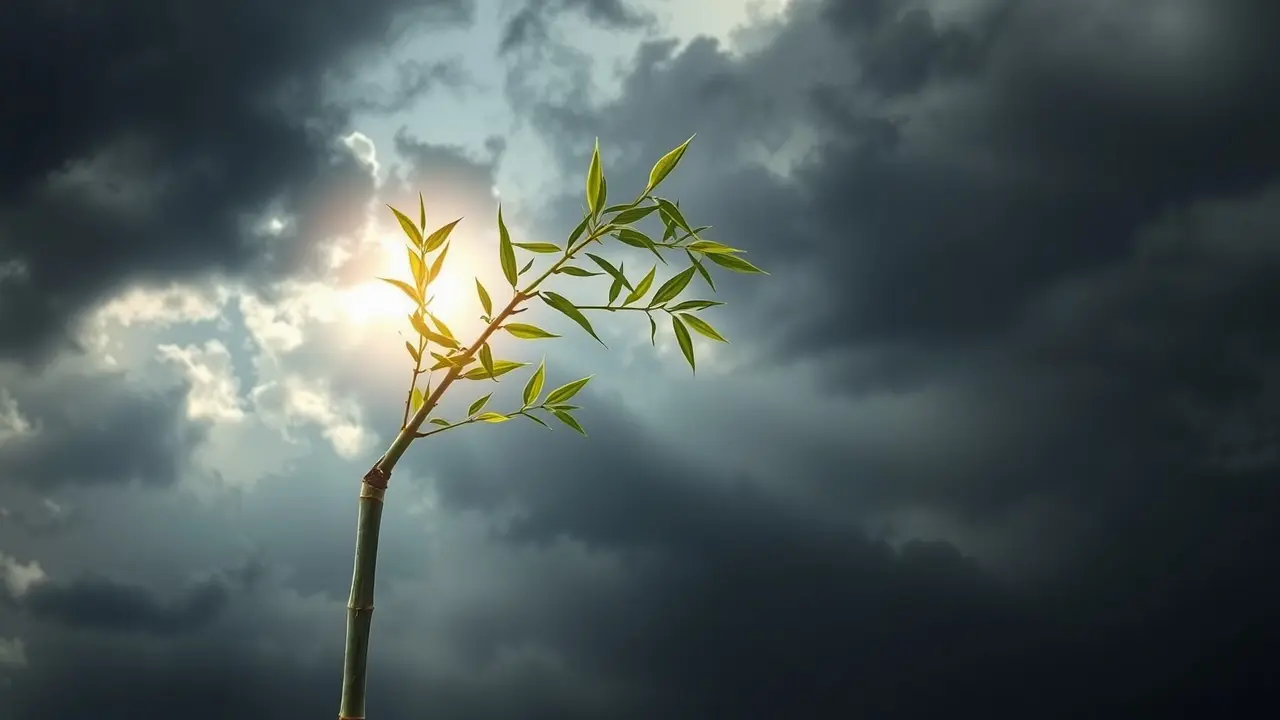Bambu resistindo à tempestade, representando resiliência