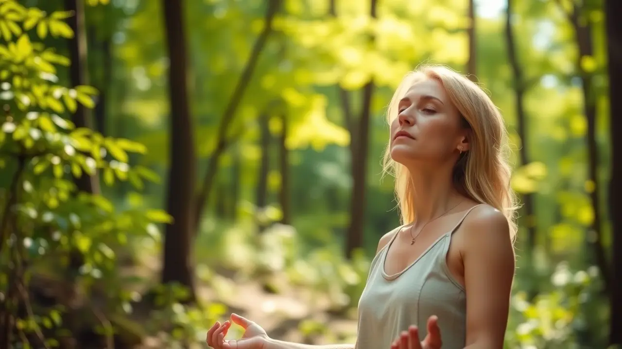 Sonhar com Respiração: Descubra os Significados e Interpretações! Mulher meditando na floresta, respirando profundamente.