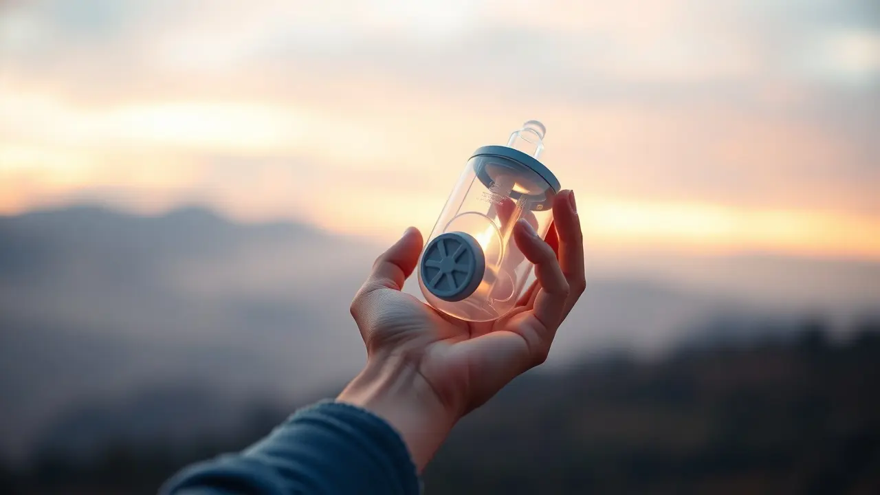 Pessoa segurando respirador com paisagem serena ao fundo