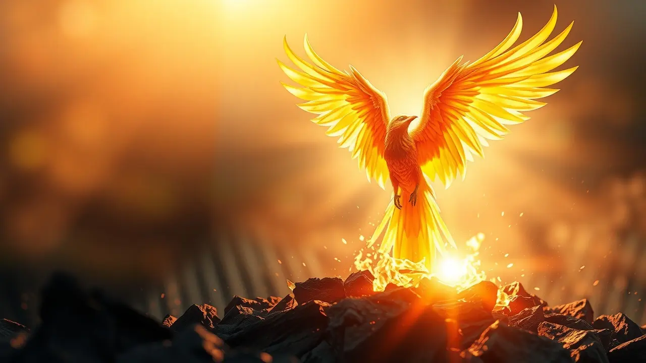 Fênix renascendo das cinzas, simbolizando recomeço.