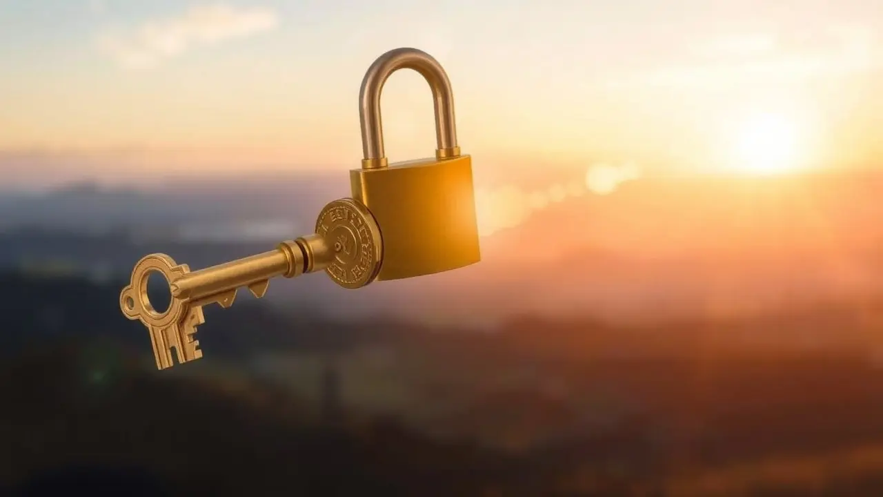 Chave dourada retornando à fechadura, simbolizando restituição.