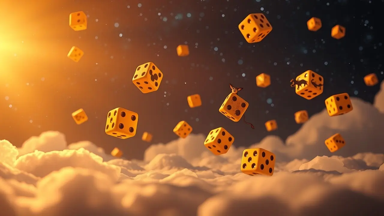 Sonhar com Resultado do Jogo do Bicho: Decifre os Significados Dados flutuantes com animais do Jogo do Bicho em paisagem onírica.