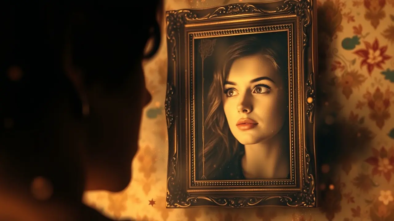 Significado de Sonhar com Retrato: Revelações e Simbolismos Mulher contemplando retrato antigo em sonho.