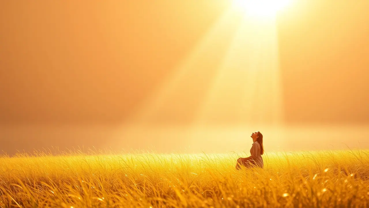 Pessoa ajoelhada recebendo luz divina.