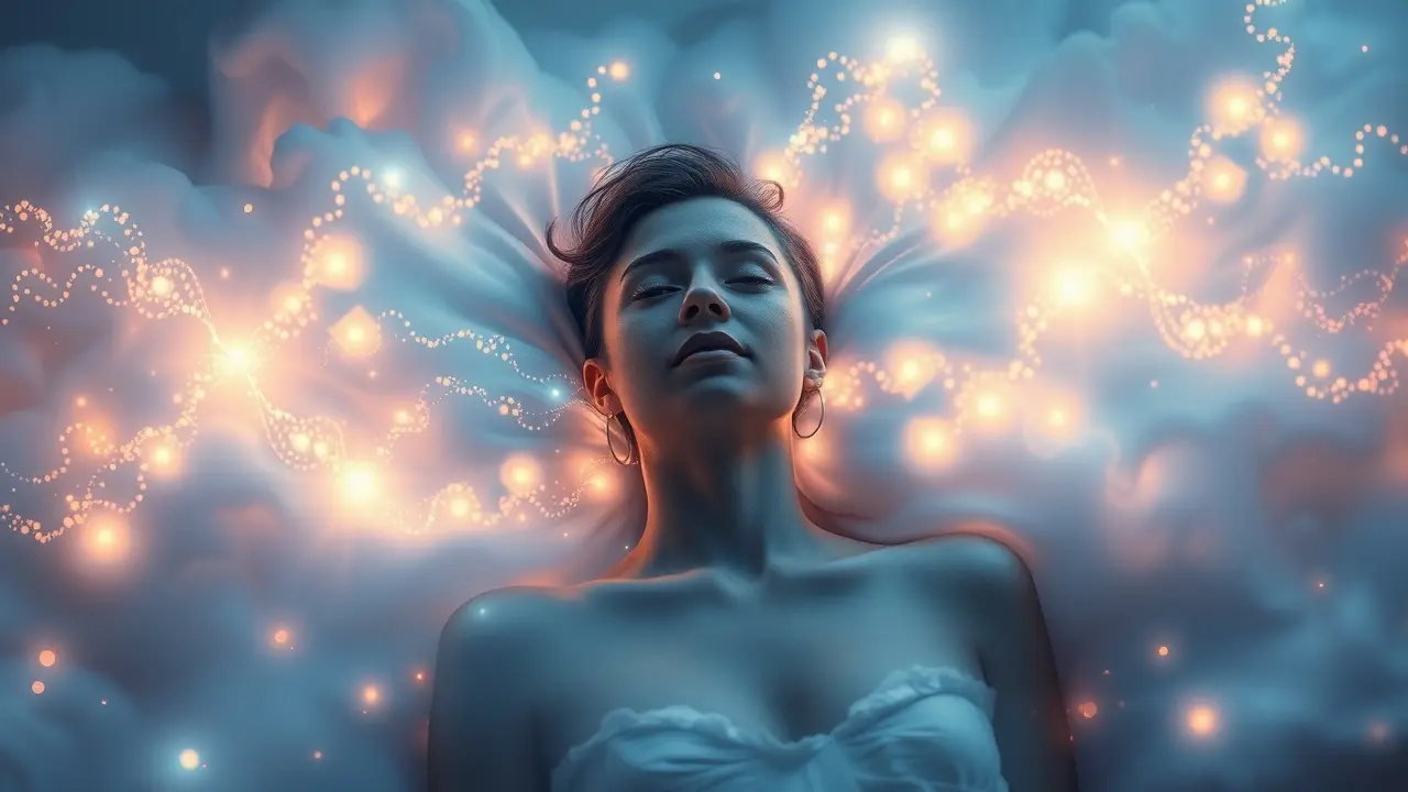 Sonhar com Reverberação: Descubra o Significado Oculto! Pessoa em estado onírico cercada por ecos de luz e som.