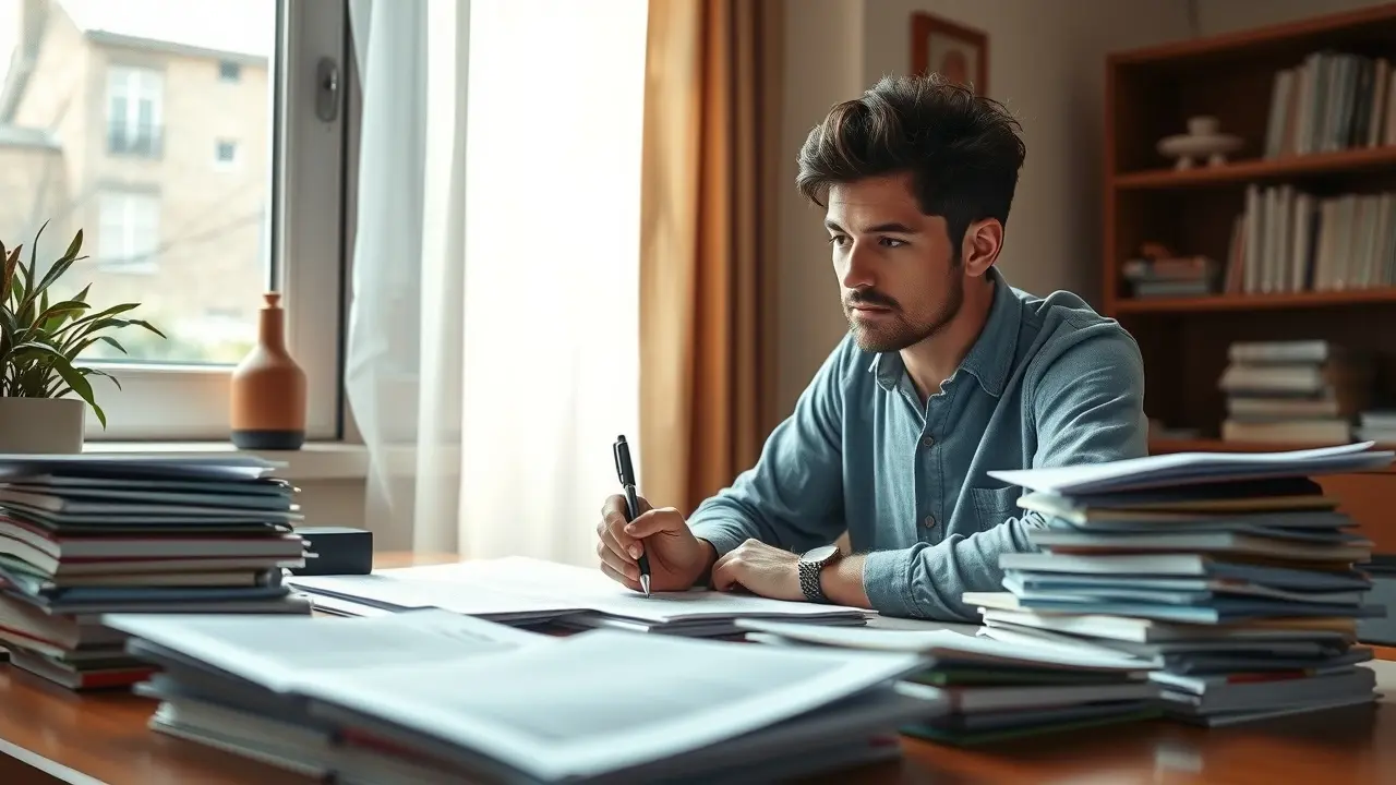 Sonhar com Revisão: Descubra o Significado e as Mensagens Ocultas Pessoa revisando documentos em uma mesa iluminada