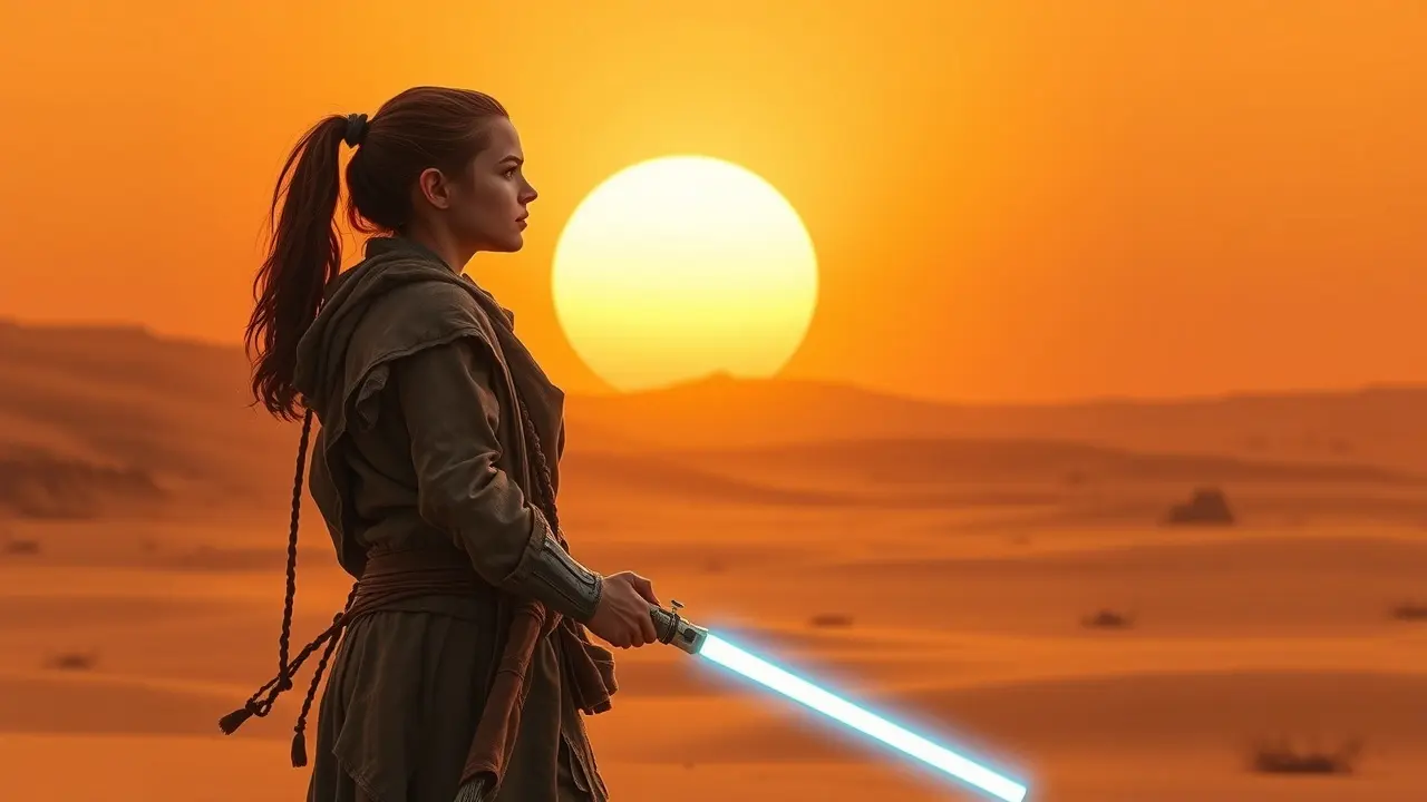 Sonhar com Rey Skywalker: Desvende os Significados Mulher com sabre de luz no deserto, representando Rey Skywalker