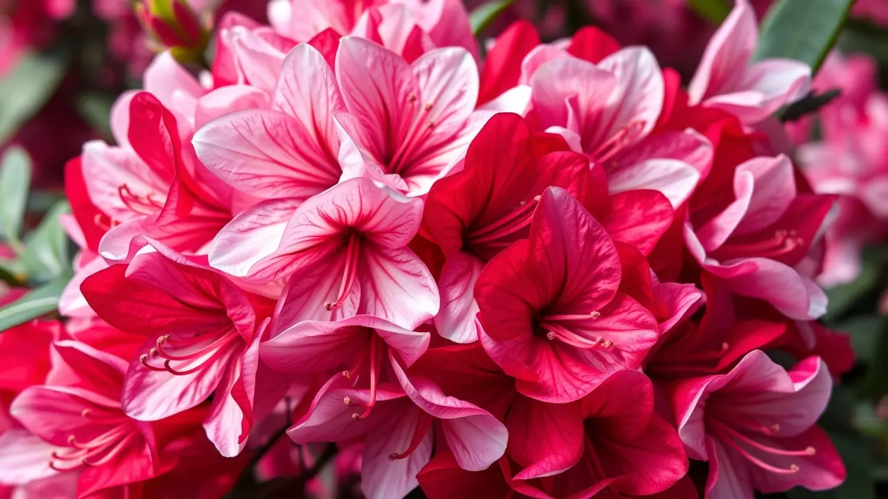 Flores vibrantes de rhododendron em plena floração.