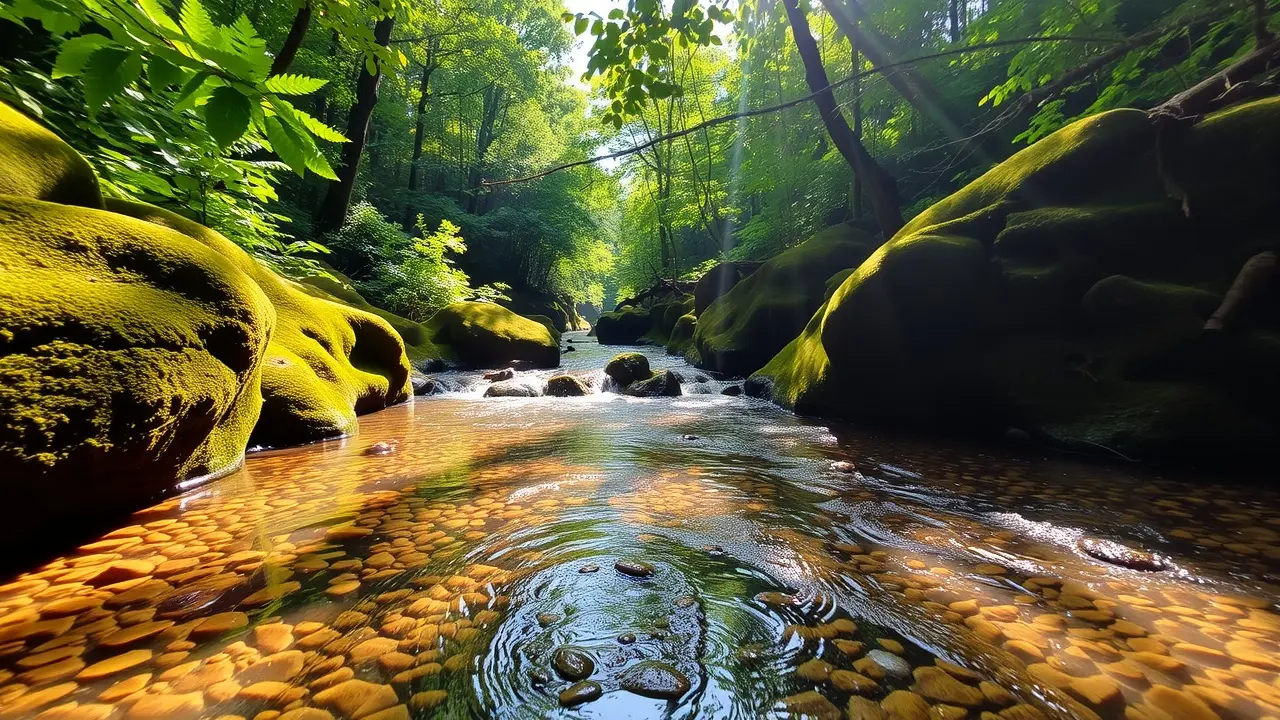Riacho cristalino em meio à floresta