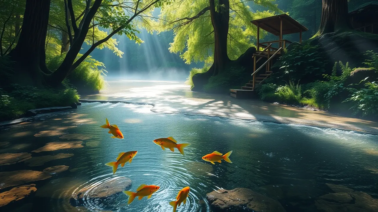 Ribeirão sereno em meio à floresta exuberante.