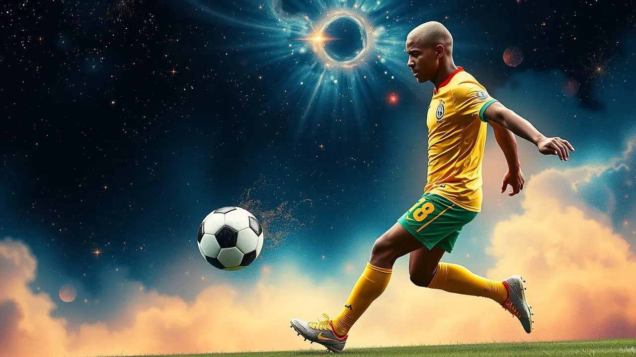 Sonho com Richarlison: jogador de futebol chutando bola de estrelas no céu.