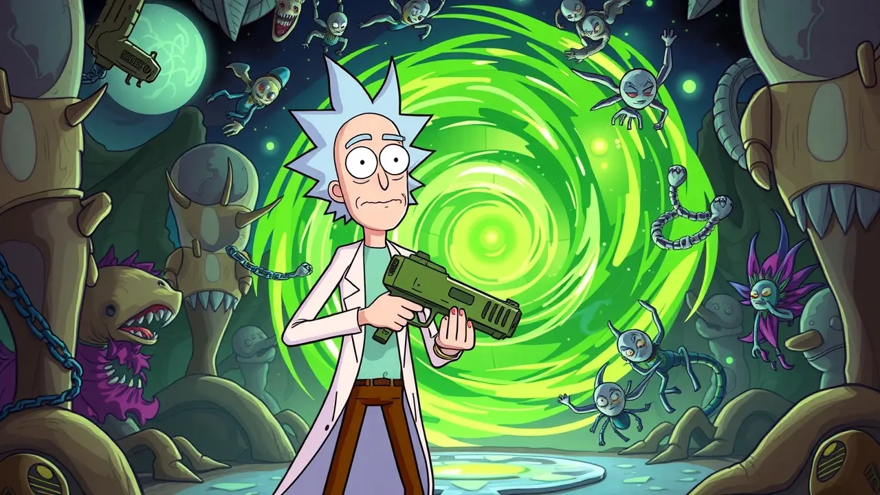 Sonhar com Rick Sanchez: Desvende os Significados Ocultos Rick Sanchez em frente a um portal verde.