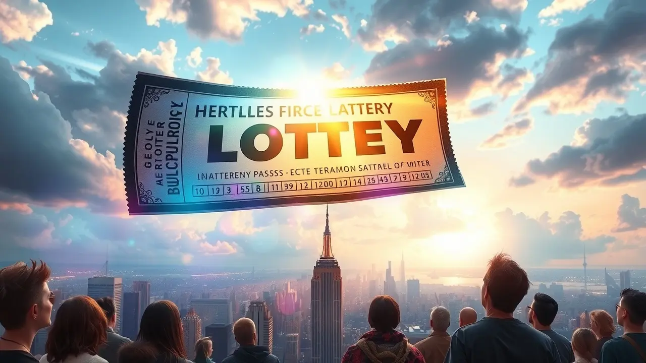 Homem olhando esperançoso para bilhete de rifa gigante no céu