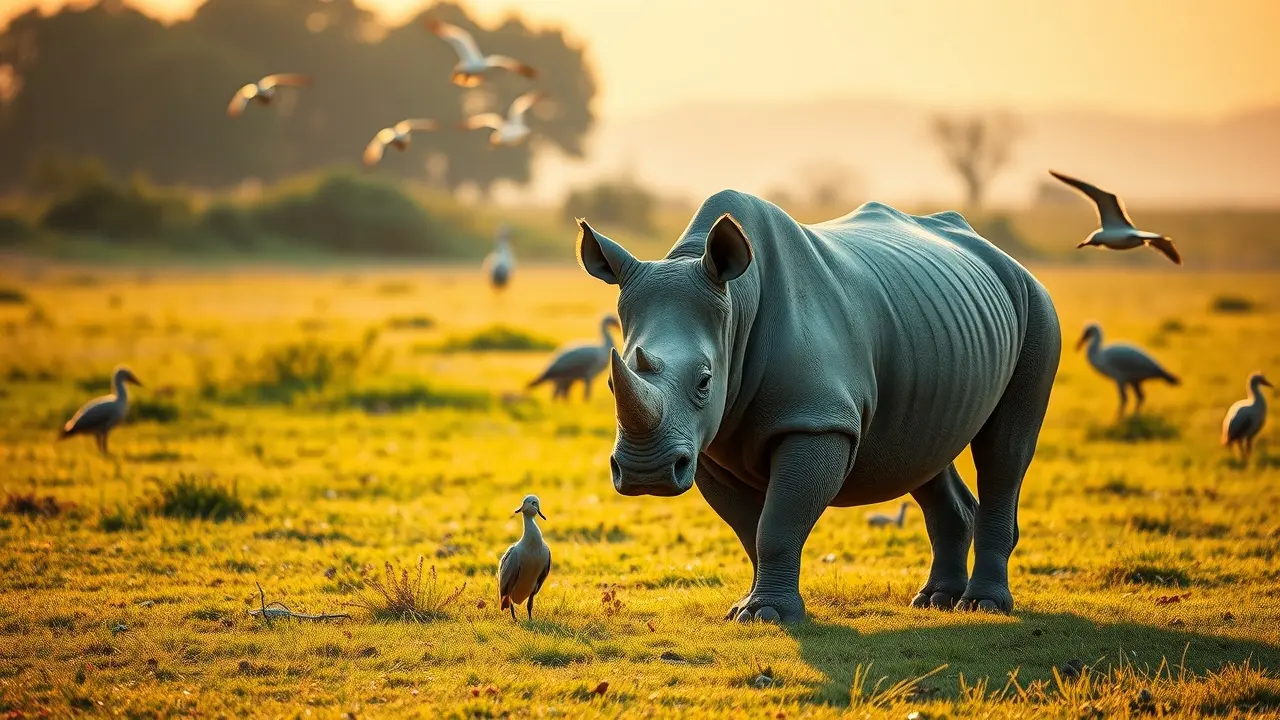 Sonhar com Rinoceronte-Branco: Desvende os Significados Ocultos Rinoceronte-branco na savana africana ao amanhecer