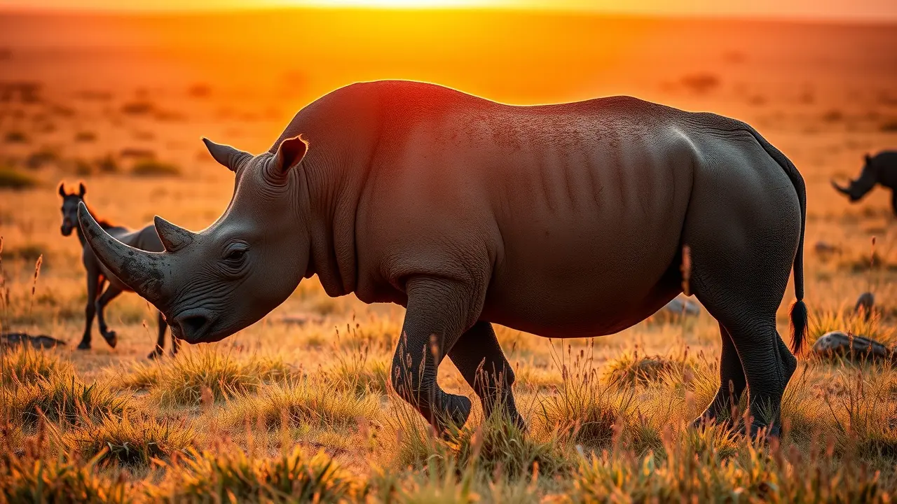 Sonhar com Rinoceronte: Desvende os Significados e Simbolismos Rinoceronte imponente na savana ao amanhecer.