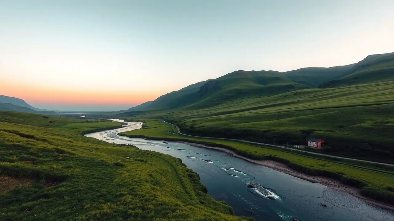 Rio calmo fluindo em vale verdejante