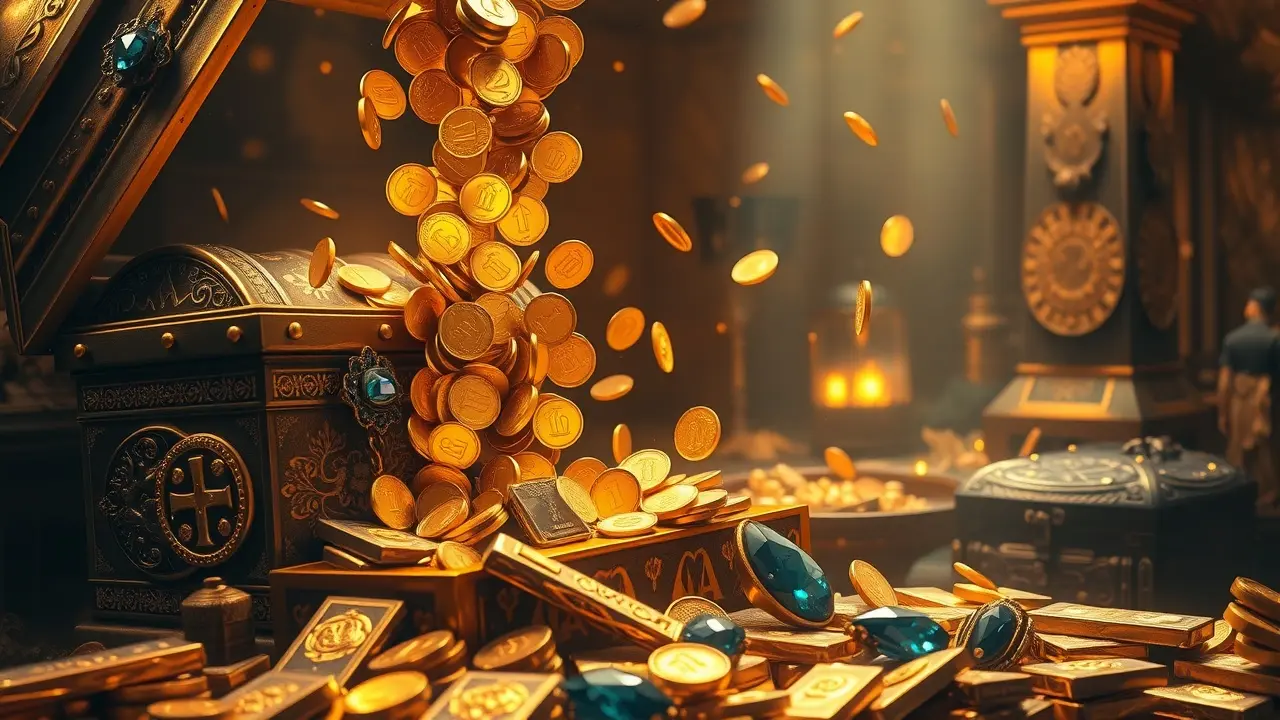Sonhar com Riqueza: Descubra o Significado Oculto Moedas de ouro caindo em baú de tesouro