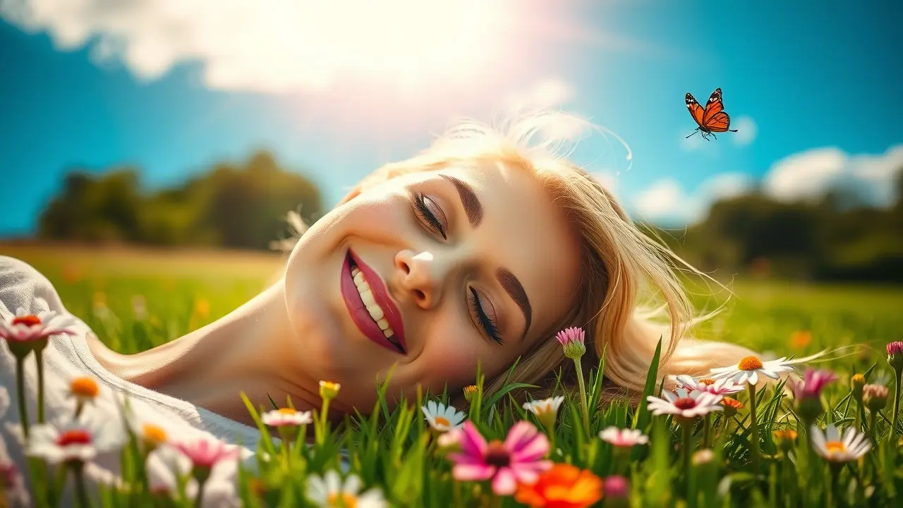 Sonhar com Rir: Descubra o Significado Oculto Mulher sorrindo em campo ensolarado, simbolizando alegria em sonhos