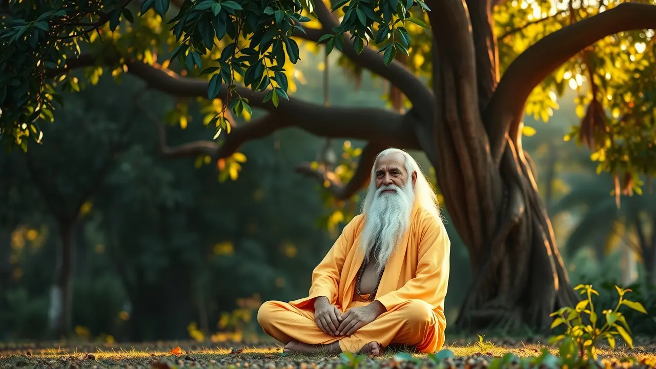 Rishi meditando sob árvore sagrada.