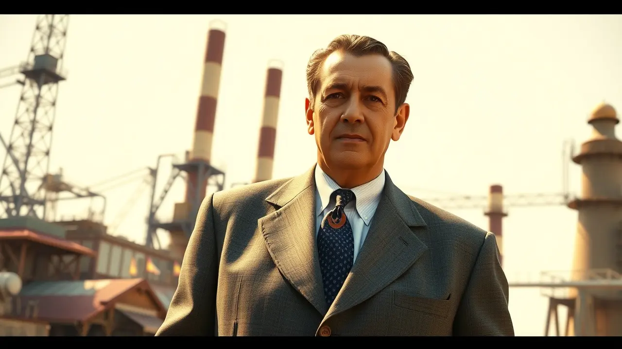 Roberto Simonsen em frente a uma indústria.