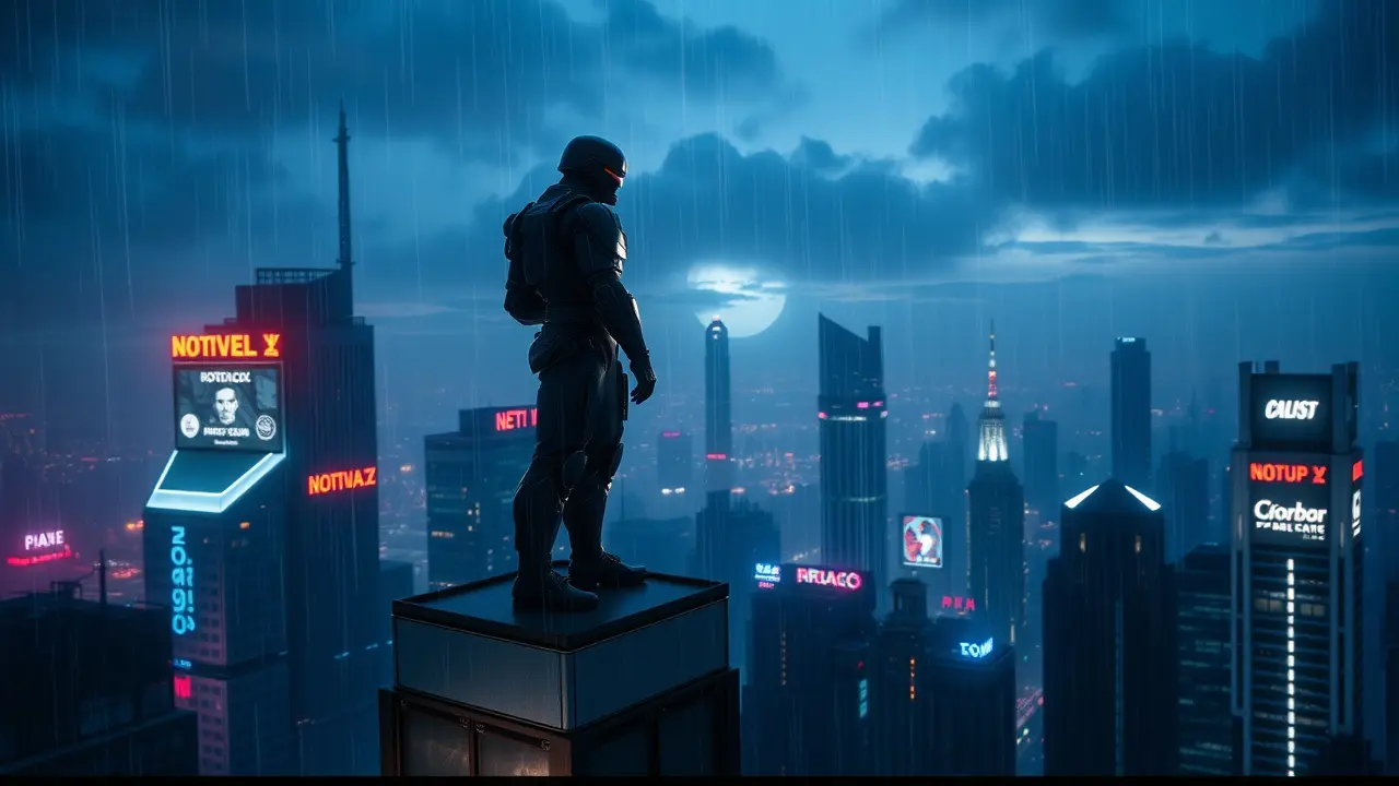 Homem cibernético observando a cidade.