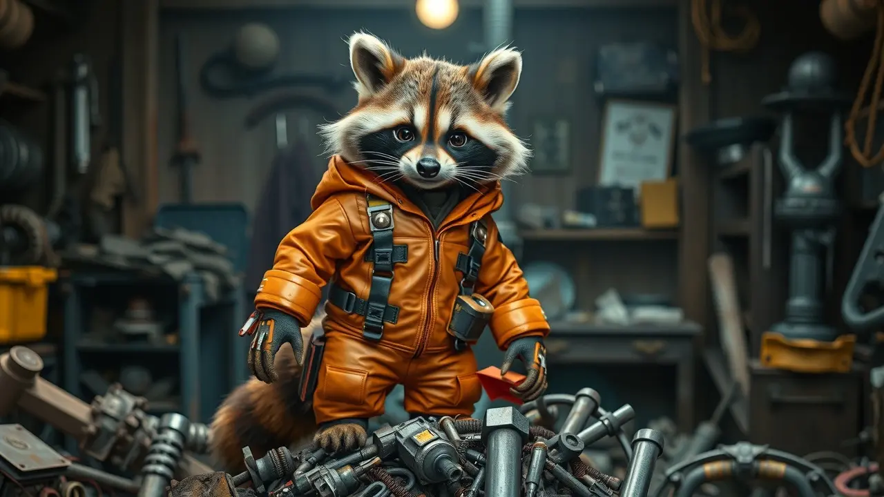 Rocket Raccoon em oficina mecânica.